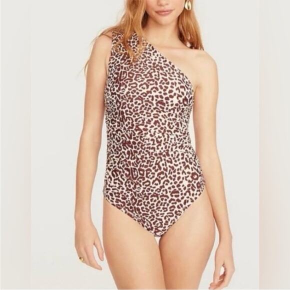 J Crew Women’s Leopard Print One Shoulder Ruched One Piece Swimsuit Size 2 - Picture 1 of 12